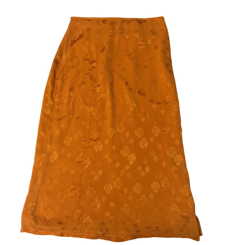 Le Lis Collection Orange Floral Jacquard Midi Skirt Crinkle Texture Size M